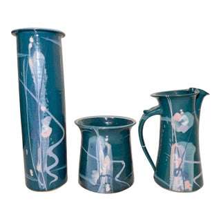 3 American Mark Chamberlain Cosmic Deco Handmade Pottery Studio Vase Pitcher For Sale