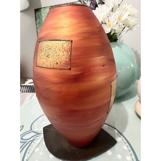 Designed Art Glass Vase Hand-Painted, With Raised Metal Browns & Golds Coloring, Abstract Contemporary Design, With Art Nouveau Influence For Sale In Miami - Image 6 of 8