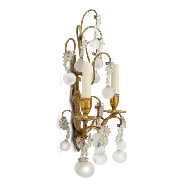 Italian Brass and Crystal Two-Branch Wall Sconces, Pair For Sale In New York - Image 6 of 8