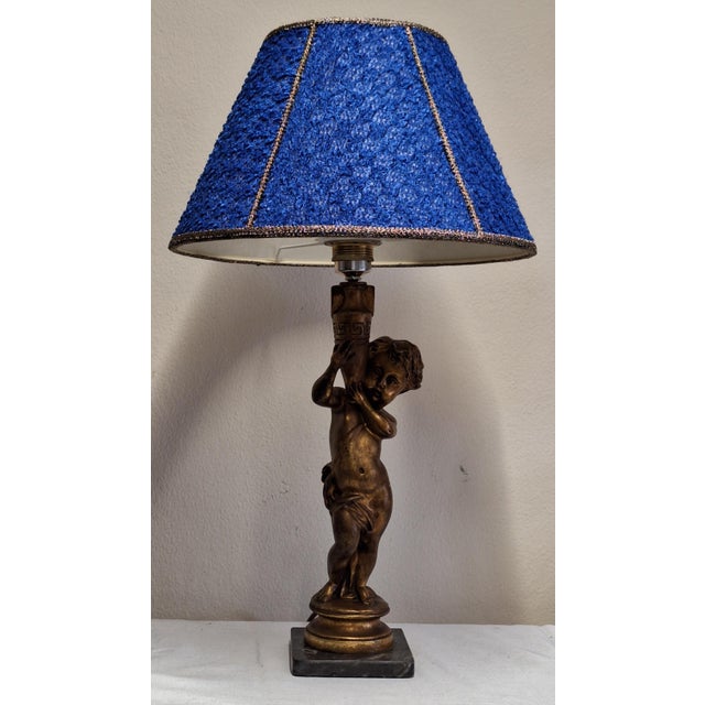Vintage Table Lamp with Gold-Patinated Putto Base and Fabric Shade from Lamplove, 1970s For Sale - Image 6 of 9