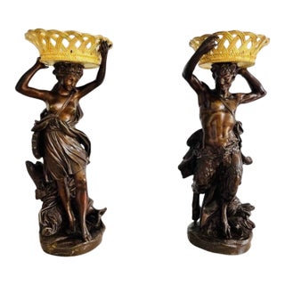 Antique Pair of Patinated Bronze Sculptures Bacchus & Bacchante For Sale