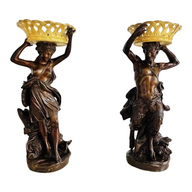 Antique Pair of Patinated Bronze Sculptures Bacchus & Bacchante For Sale
