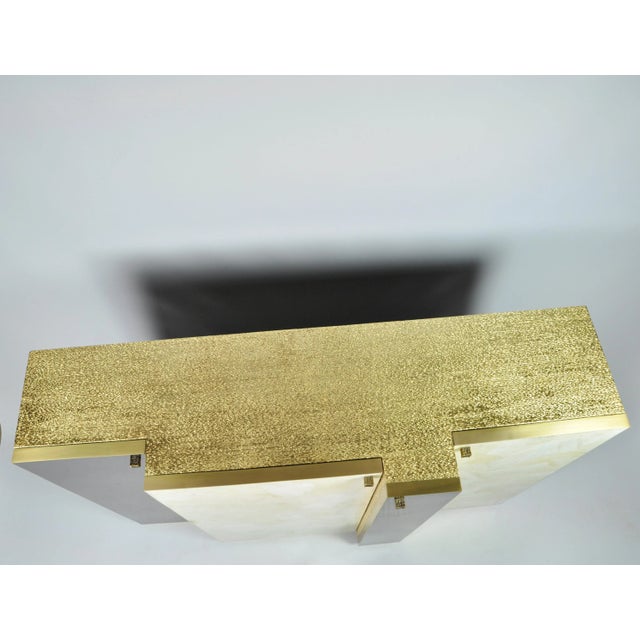 Gold Leaf Fiber Marquetry, Black Stone, Brass, and White Rock Crystal Cabinet by François-Xavier Turrou for Ginger Brown For Sale - Image 4 of 12