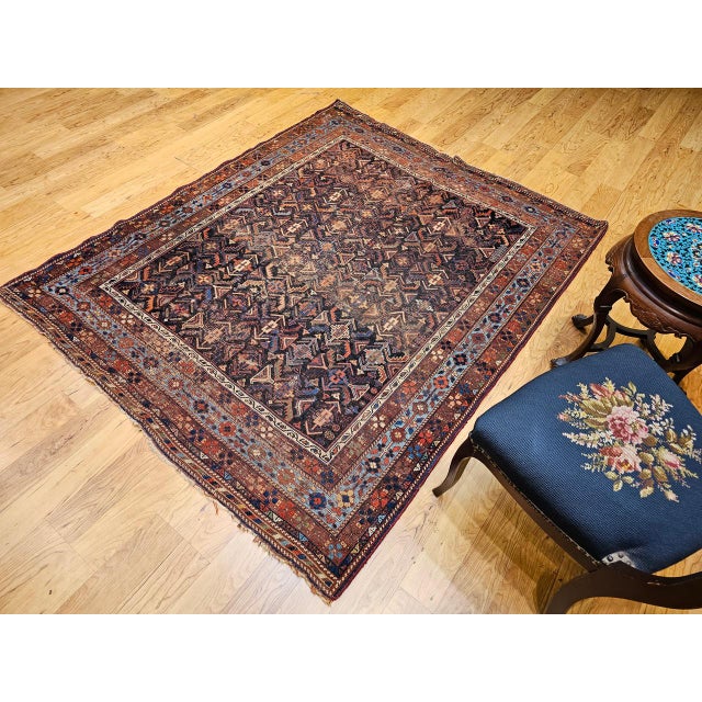 19th Century 19th Century Persian Afshar Tribal Rug, Handwoven Wool, All-Over Geometric Pattern, Navy & Blue, 5x6 For Sale - Image 5 of 18