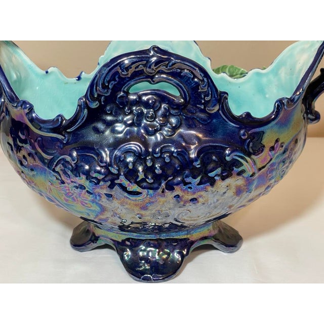 Ceramic Late 19th Century Barbotine Majolica Flowers and Cherries Cobalt Blue Footed Basket Jardiniere For Sale - Image 7 of 12