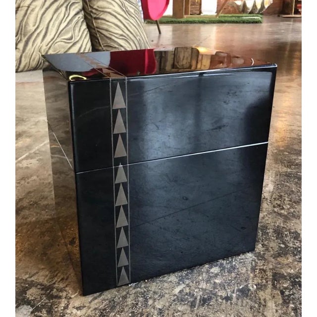 Elegant decorative box or jewelry box with metal inlay. Very beautiful box, black lacquer. Lid decorated with geometric...