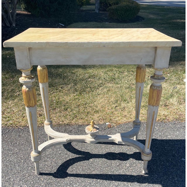 Antique Gustavian Swedish French Neoclassical Painted Wood Gilt Console Table W/ Faux Marble Top For Sale - Image 4 of 9