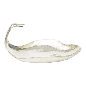 Vintage Hand Hammered Silver Plate Monumental Scalloped Serving Bow With Duck Neck