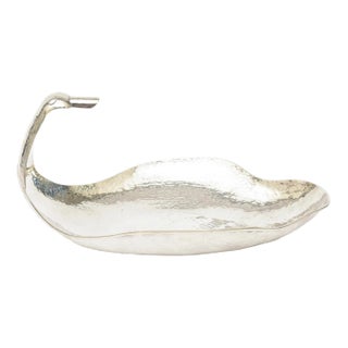 Vintage Hand Hammered Silver Plate Monumental Scalloped Serving Bow With Duck Neck,1980's For Sale