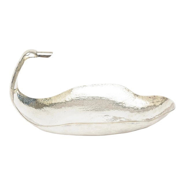 Vintage Hand Hammered Silver Plate Monumental Scalloped Serving Bow With Duck Neck,1980's For Sale