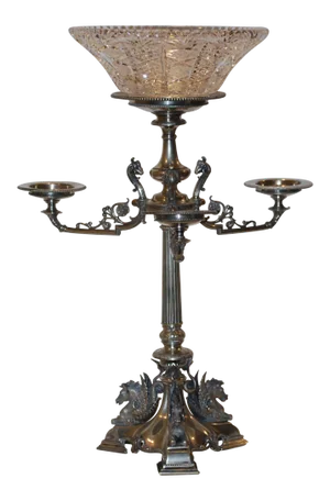 Antique Elkington & Co. Silverplate and Crystal Epergne