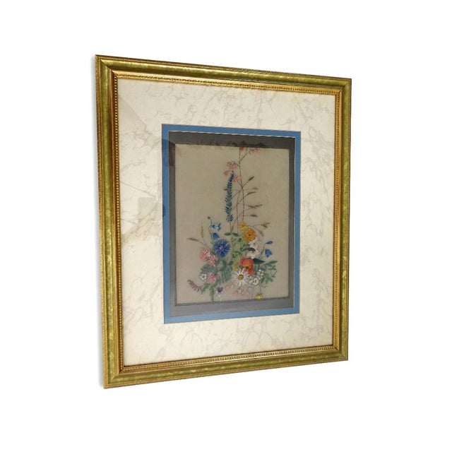 Cornflower Blue Mid-Century Framed Silk Needlework Botanical Wildflower Art For Sale - Image 8 of 9