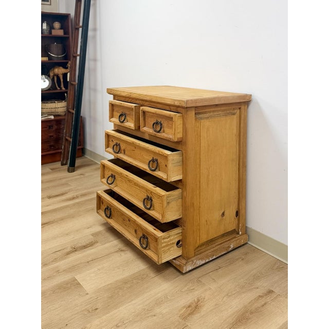 Late 20th Century Mexican Solid Pine Five Drawer Dresser Wrought Iron Pulls Rustic Farmhouse Chest For Sale - Image 11 of 13