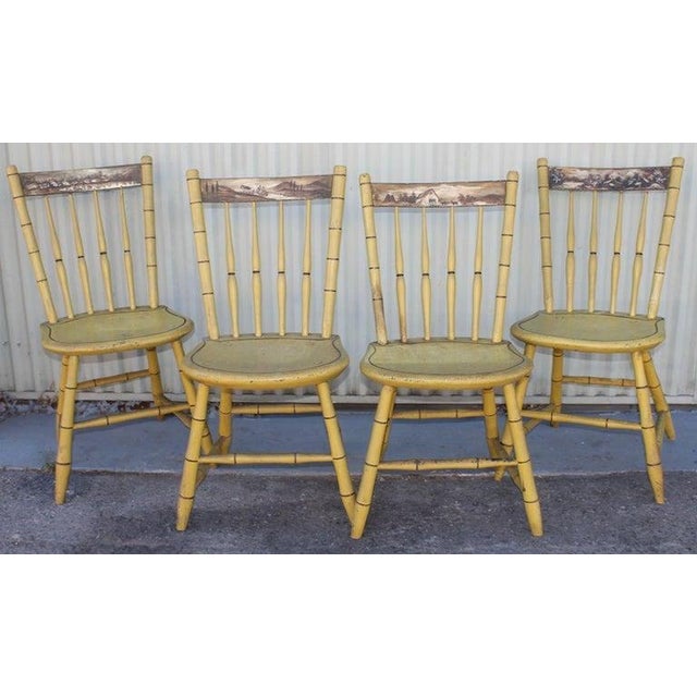 This set of four paint decorated chairs have a Rufus Potter top rail all hand painted, Amazing !!! The mustard paint is...