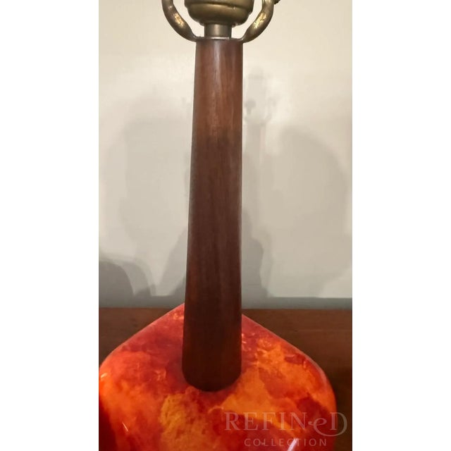 Pair of Mid-Century Modern Lava Glaze Ceramic Table Lamps Attributed to Poole Pottery, Walnut Necks, 26” H, Circa 1960s–1970s For Sale - Image 14 of 16