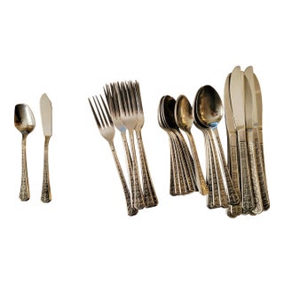 39 Piece Set Interpur Korea Vintage Stainless Flatware Silverware Florenz Pattern With Fleur De Lis, Mid-Century~Hostess Serving For Sale
