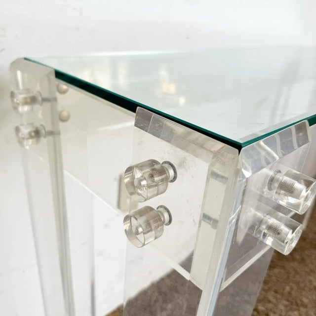 1980s Postmodern Bolted Lucite and Inlaid Glass Top Console Table For Sale - Image 5 of 7