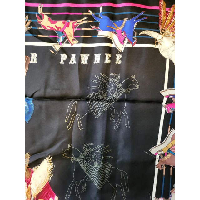French Hermes France Carre 90 Kermit Oliver Native Pani La Shar Pawnee Black Silk Scarf For Sale - Image 3 of 11