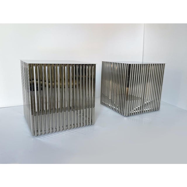 Elegant set of two vintage coffee tables or nightstands, 1970s design, featuring a cubic structure made entirely of...