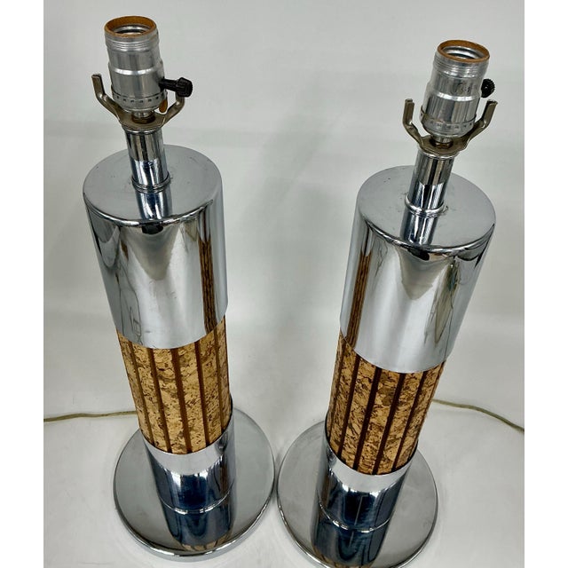 Pair of Modernist Polished Chrome and Cork Table Lamps For Sale - Image 4 of 12