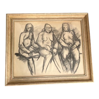 1940’s Original Art Deco Abstract Charcoal 3 Figure Nudes Study Drawing Vintage Frame For Sale