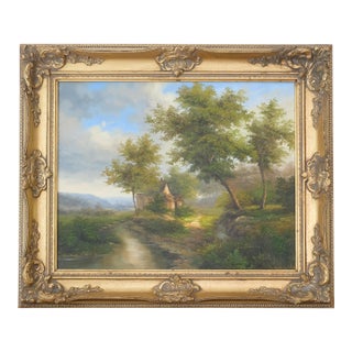 Late 20th Century Ornate French Country Landscape Painting For Sale