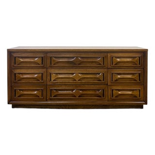 Vintage MCM Nine Drawer Dresser With Bowtie Inlay Retro Walnut Bedroom Storage For Sale