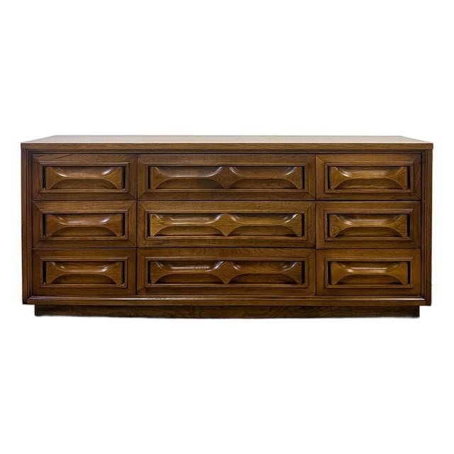 Vintage MCM Nine Drawer Dresser With Bowtie Inlay Retro Walnut Bedroom Storage For Sale