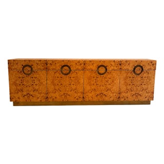 Large Italian Sideboard in Burl Wood and Brass, 1970s For Sale