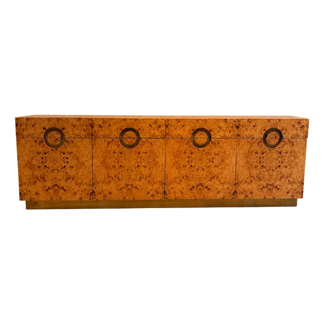 Large Italian Sideboard in Burl Wood and Brass, 1970s For Sale
