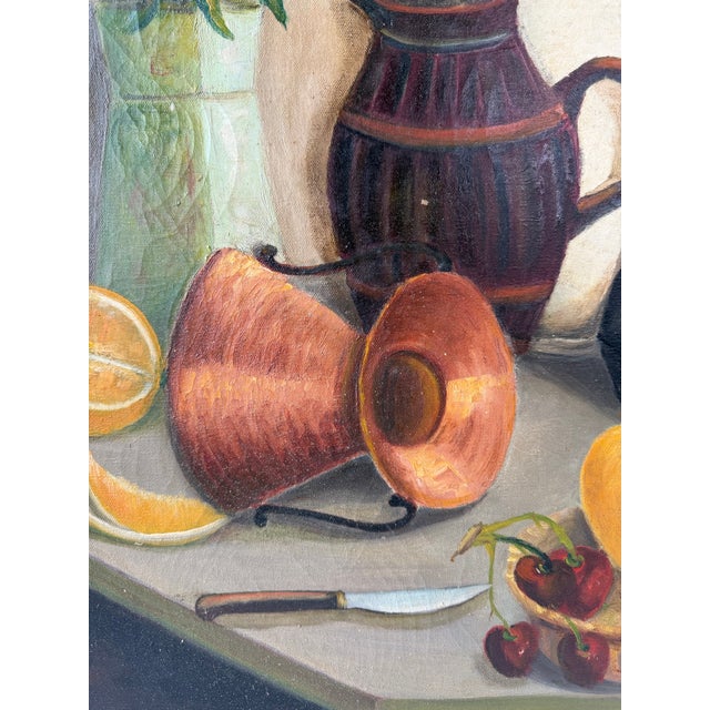 Vintage Mid-Century Modern Oil on Canvas Painting | Fruit and Vessel Still Life Painting | Wood Frame | 20” X 24.5” For Sale - Image 4 of 12