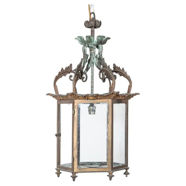 Georgian English Hexagonal Glazed Verdigris Lantern For Sale - Image 16 of 16