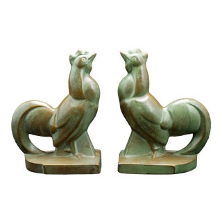 1930s Frankart-Style Art Deco Rooster Bronze Bookends - a Pair For Sale