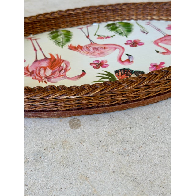 Brown Vintage Coastal Rattan Flamingo Tray With Custom Decoupage Appliqué For Sale - Image 8 of 11