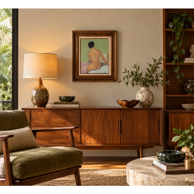 Beautiful vintage 1980's oil on canvas painting by M. Lipton, featuring a seated nude woman viewed from behind against a...