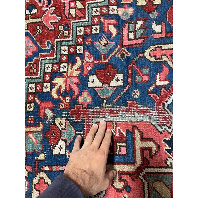 Antique Heriz Rug with Deep Denim Corners, Corals, Salmon, Cloud-Blue Rug 8 x 11.2 For Sale - Image 4 of 7