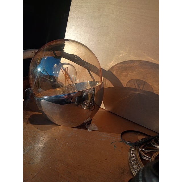 custom made amber glass and aluminum low profile table lamp excellent in any room its mid century in style
