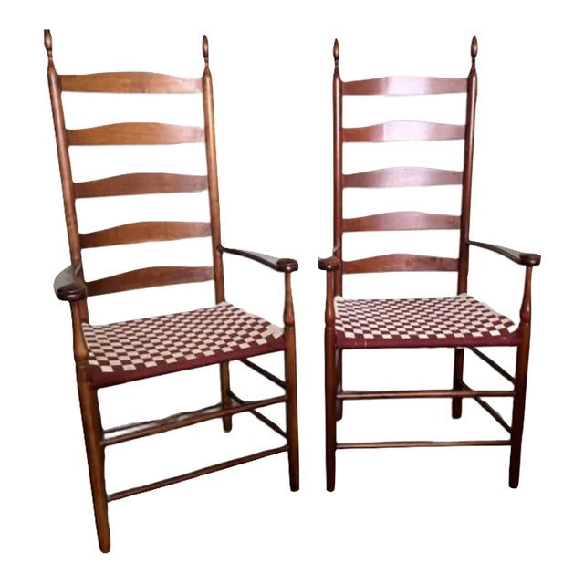 Early 20th Century Pair of Early American Primitive Shaker Style Maple Slat High Back Captain Chairs With Webbed Seats For Sale