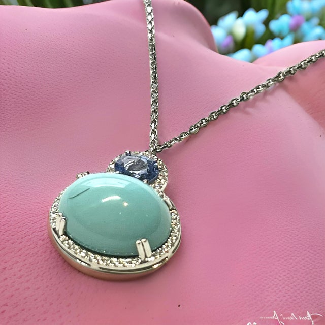 2010s Persian Turquoise Sapphire Diamond Necklace 17" 14k WG 19.03 TCW Certified For Sale - Image 5 of 15