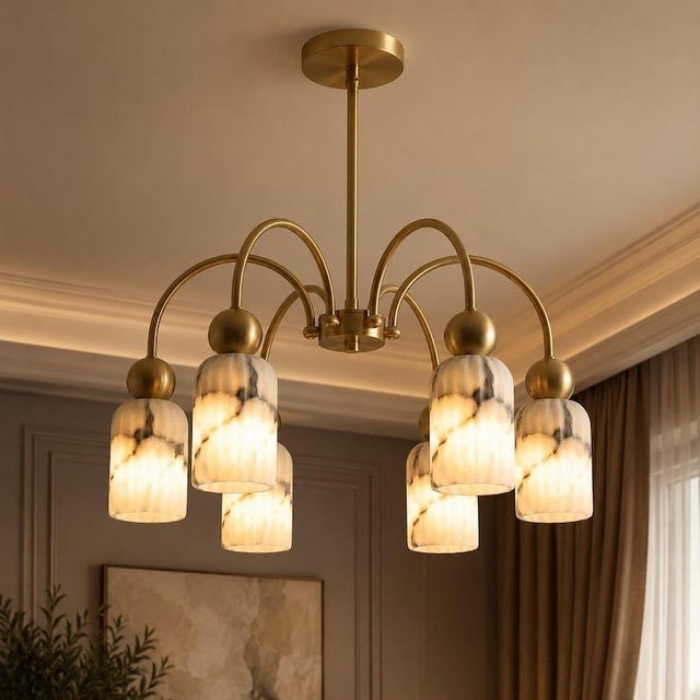 Modern 6 Light Brass Chandelier, Alabaster Glass Pendant Light, Mid Century Ceiling Fixture, Luxury Dining Room Lighting For Sale - Image 6 of 6