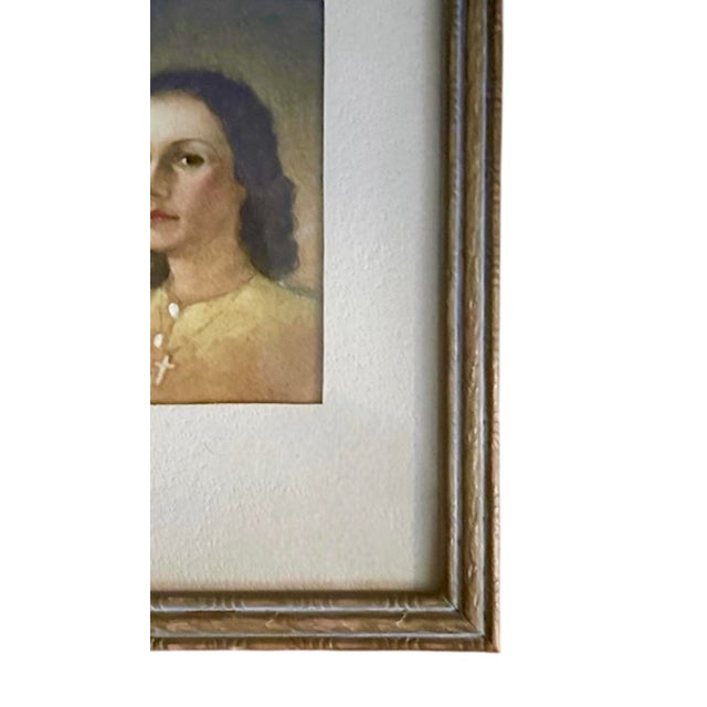 Figurative Antique 1930’s Petite Framed Watercolor Portrait Painting of a Brunette Lady / Woman in a Yellow Sweater, 1937 For Sale - Image 3 of 5