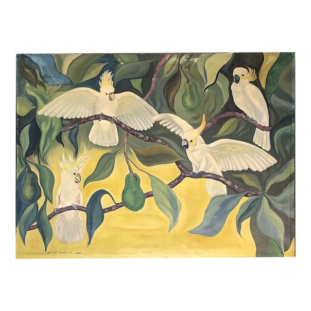 1940s Hawaiian Cockatoos in Tree Acrylic on Canvas Tropical Paining by Alfonso Castricone For Sale