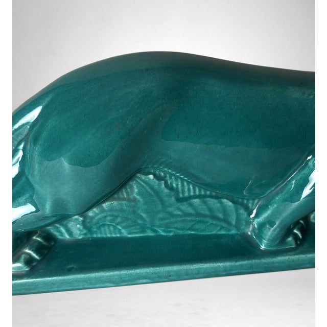 Mid 20th Century Art Deco Saint-Clément Style Panther France Green-Glazed Ceramic For Sale - Image 12 of 18