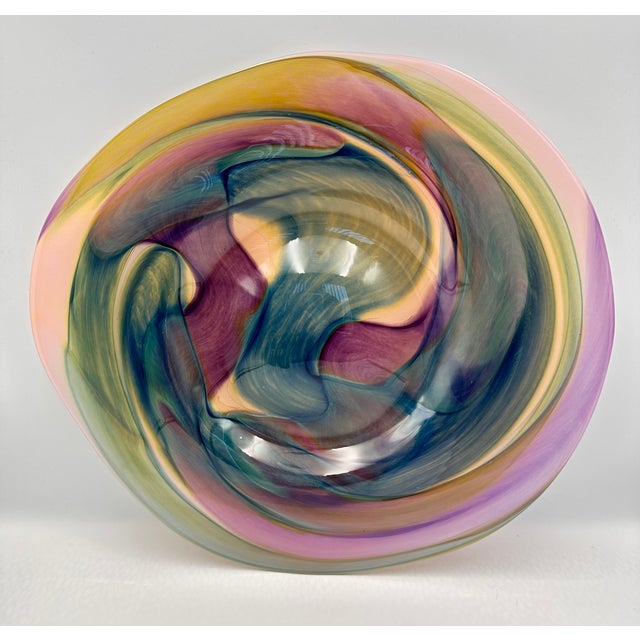 Geometric Design Hand-Crafted Studio Art Glass Bowl Platter Centerpiece Signed For Sale In Palm Springs - Image 6 of 10