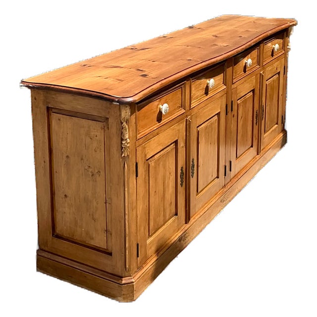 Vintage Carved Knotty Pine Credenza For Sale
