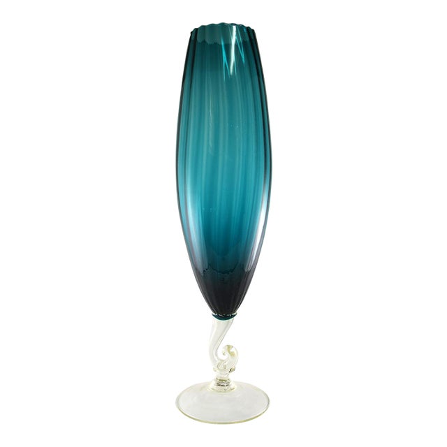 1960s Tall Blue Glass Vase For Sale