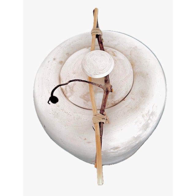 Vintage Studio Art, by David Smyth, Signed - Raku Fired White Ceramic Vessel With Lid and Natural Wood Twig Accents – 9.5” For Sale - Image 4 of 12