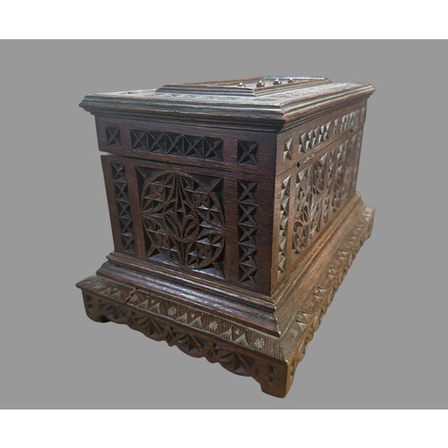 Antique Folk Art Chip Carved Wood Box Tramp Art Jewelry Casket Box 15.5” Wide For Sale - Image 11 of 12