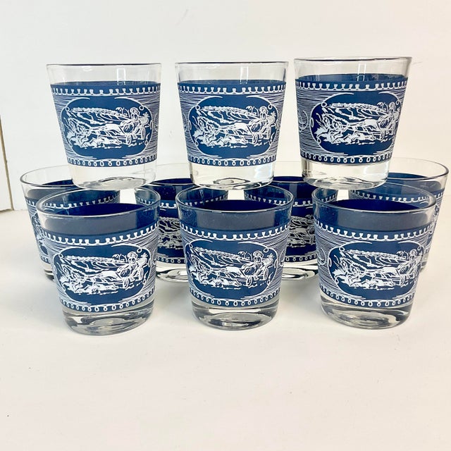 Mid 20th Century Mid-Century Americana Currier & Ives French Blue Old Fashion Lowballs Glasses - Set of 10. For Sale - Image 5 of 10