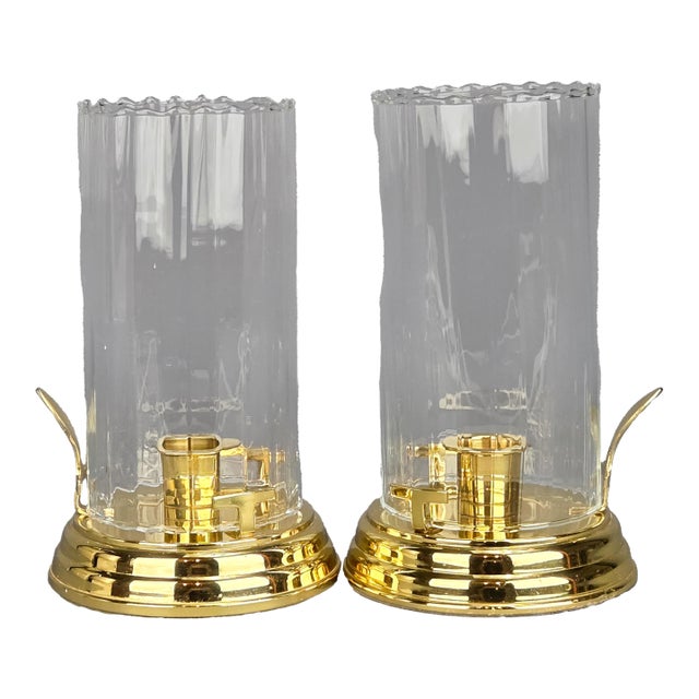 Pair of Vintage Brass Candlestick Holders With Fluted Glass Hurricane Shades For Sale